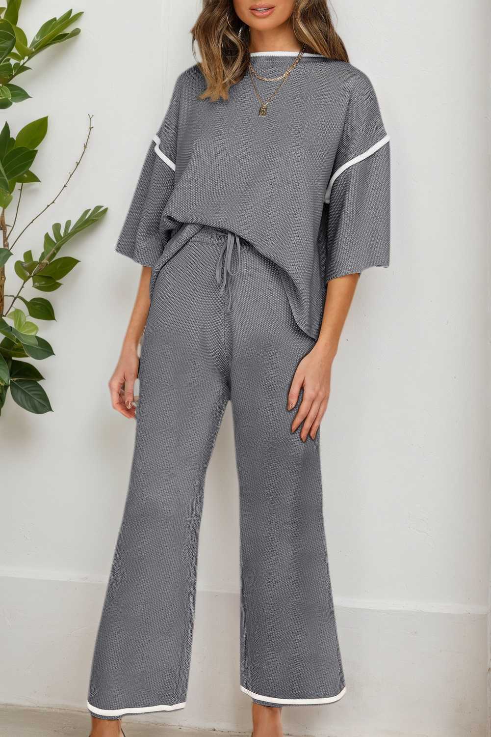 Medium Grey Contrast Trim Half Sleeve Top Drawstring Pants Loose 2pcs Sweater Suit