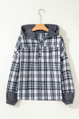 Gray Plaid Patchwork Long Sleeve Button Hooded Blouse