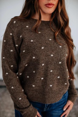 Coffee Dotted Print Ribbed Edge Knit Sweater