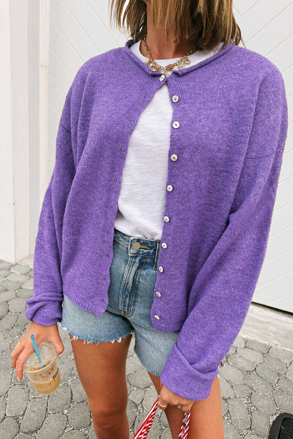 Wisteria Solid Color Knit Button Drop Shoulder Sweater Cardigan