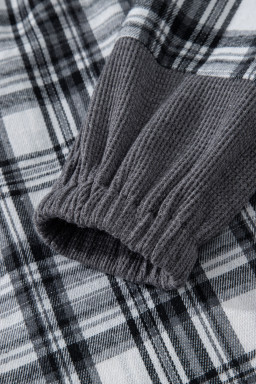 Gray Plaid Patchwork Long Sleeve Button Hooded Blouse