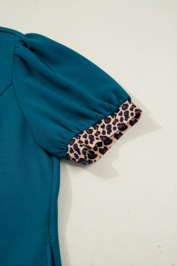 Sea Green Leopard Patchwork Detail Quarter Zip Collared Plus Size Mini Dress