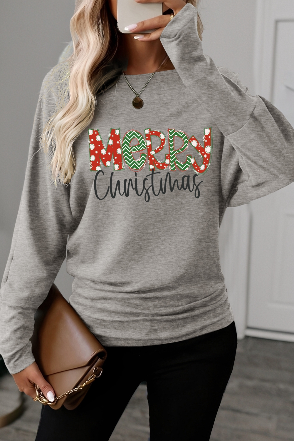 Top de màniga llarga Dolman gris clar amb estampat de Merry Christmas i punys estesos