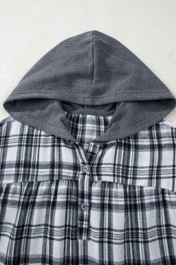 Gray Plaid Patchwork Long Sleeve Button Hooded Blouse