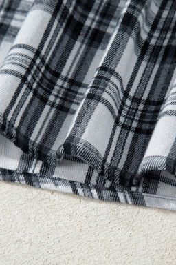 Gray Plaid Patchwork Long Sleeve Button Hooded Blouse