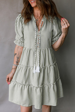 Green Stripe Tasseled Tie Neck Ruffled Short Sleeve Tiered Flattering Dress