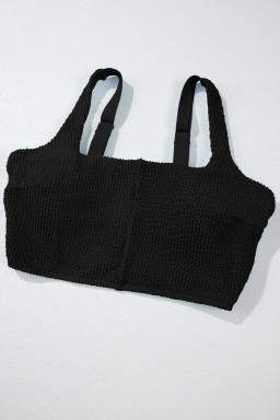 Black Corded Solid Square Neck Bikini Swimsuit