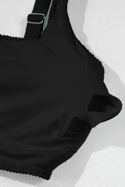 Black Corded Solid Square Neck Bikini Swimsuit