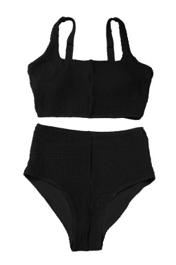 Black Corded Solid Square Neck Bikini Swimsuit