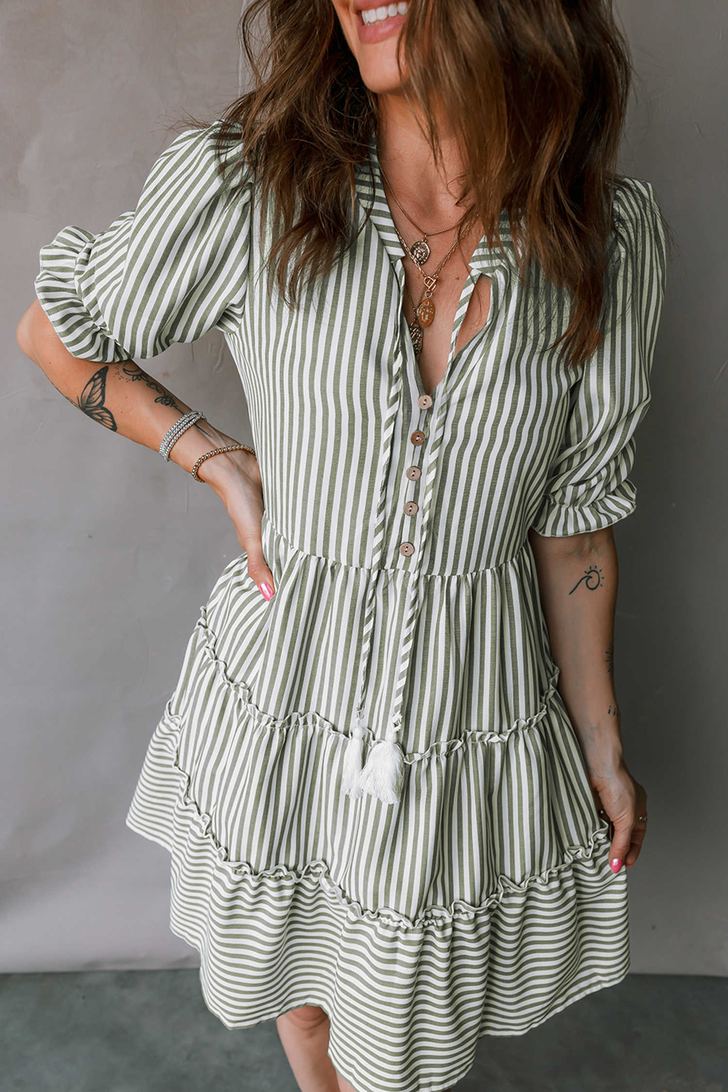 Green Stripe Tasseled Tie Neck Ruffled Short Sleeve Tiered Flattering Dress