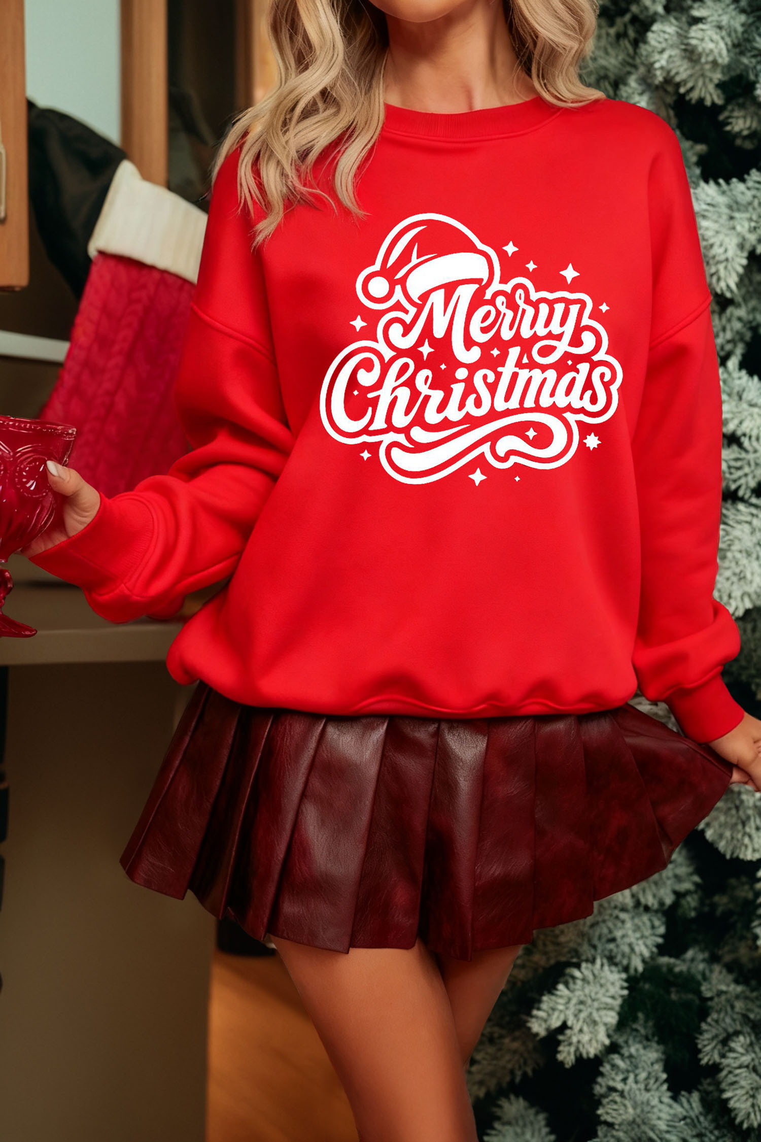 Red Merry Christmas Graphic Drop Shoulder Pullover Sweatshirt
