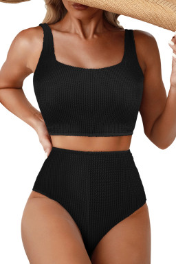 Black Corded Solid Square Neck Bikini Swimsuit