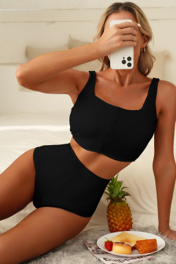 Black Corded Solid Square Neck Bikini Swimsuit