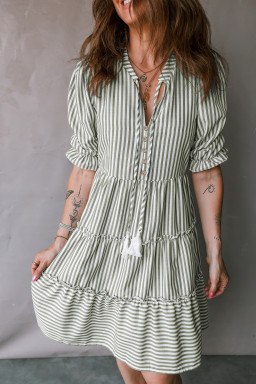Green Stripe Tasseled Tie Neck Ruffled Short Sleeve Tiered Flattering Dress