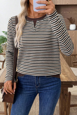 Brown Faux Two Piece Textured Striped Round Neck Long Sleeve T Shirt