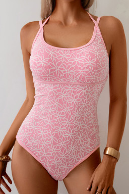 Pink Corded Flower Texture Spaghetti Straps Halterneck One Piece Swimsuit