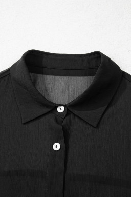 Black Sheer Tunic Shirt Drawstring Shorts 2pcs Swim Cover Up