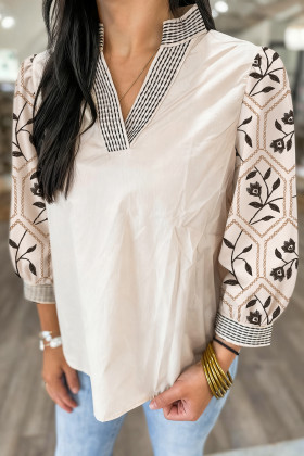 White Floral Puff Sleeve Contrast V Neck Patchwork Blouse