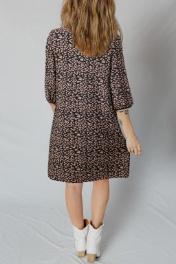 Black Leopard Print Bubble Sleeve Shift Mini Dress
