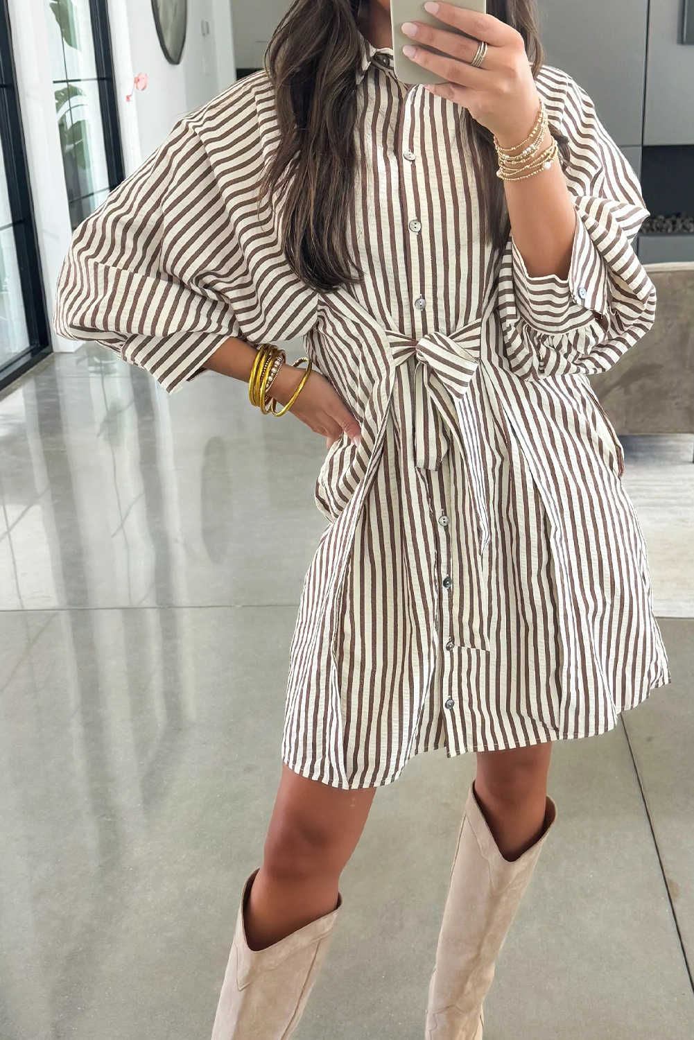 Brown Stripe Knot Waist Puff Sleeve Button Down Mini Shirt Dress