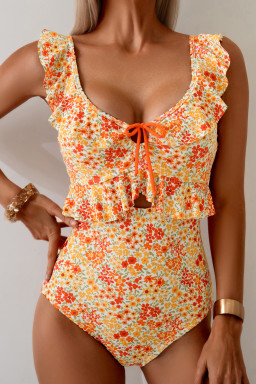 Orange Ruffled Trim Keyhole Accent Floral One Piece Swimsuit