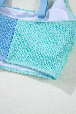 Sky Blue Corded Colorblock Square Neck Bikini Swimsuit