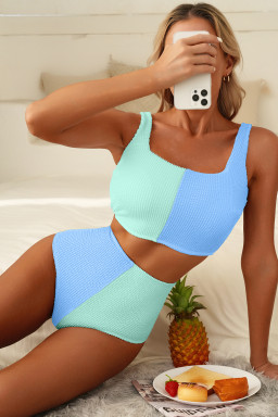 Sky Blue Corded Colorblock Square Neck Bikini Swimsuit