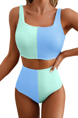 Sky Blue Corded Colorblock Square Neck Bikini Swimsuit