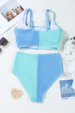 Sky Blue Corded Colorblock Square Neck Bikini Swimsuit
