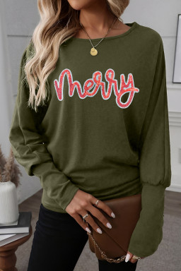 Four Leaf Clover Merry Sequin Letter Patched Long Dolman Sleeve Top