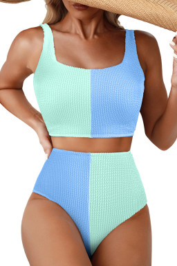 Sky Blue Corded Colorblock Square Neck Bikini Swimsuit