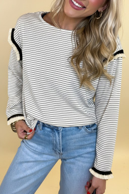 White Stripe Contrasted Ruffle Trim Loose Long Sleeve Top