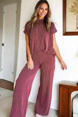 Burgundy Twisted Ribbed High Neck Loose Tee Elastic High Waist Loose Pant Set