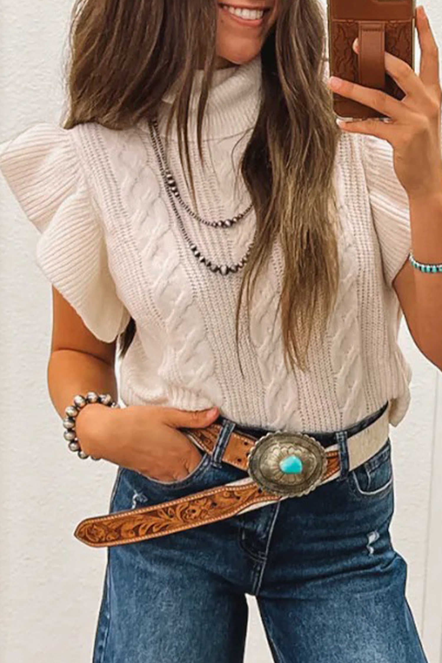 Jersei de màniga curta amb coll alt i volants Jet Stream Knit Cable Knit