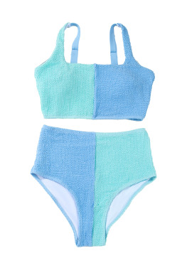 Sky Blue Corded Colorblock Square Neck Bikini Swimsuit