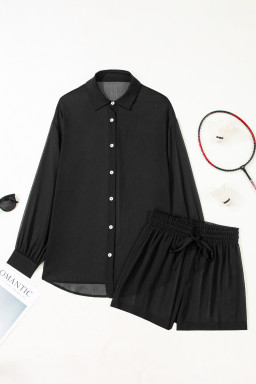 Black Sheer Tunic Shirt Drawstring Shorts 2pcs Swim Cover Up