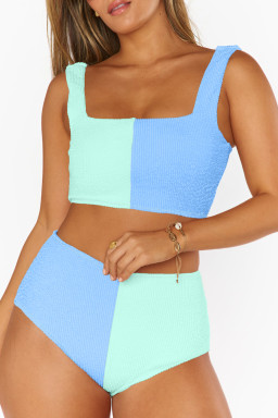 Sky Blue Corded Colorblock Square Neck Bikini Swimsuit
