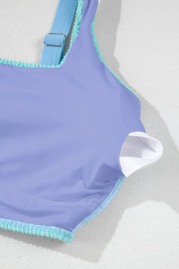 Sky Blue Corded Colorblock Square Neck Bikini Swimsuit