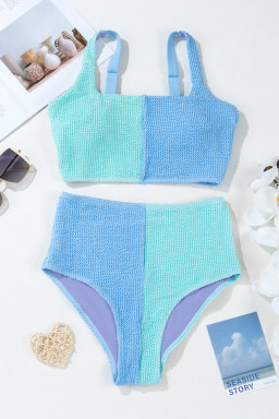 Sky Blue Corded Colorblock Square Neck Bikini Swimsuit