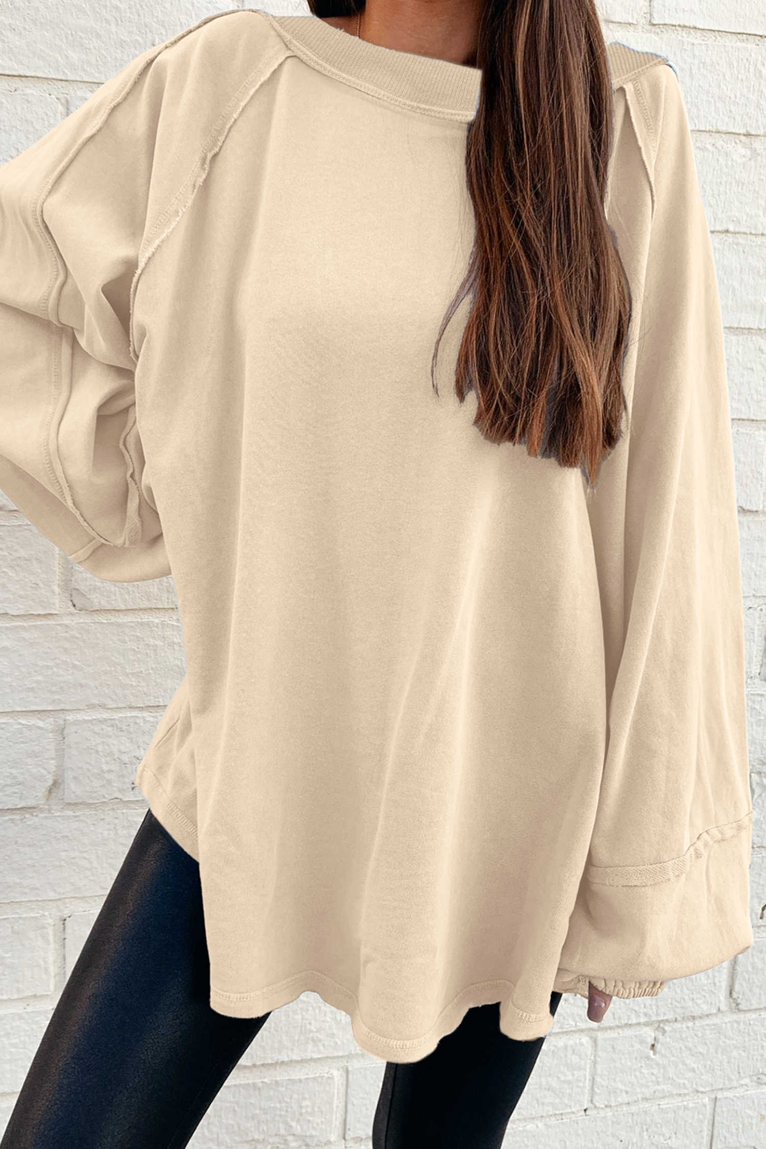Beige Solid Color Raw Seam Patchwork Baggy Sweatshirt