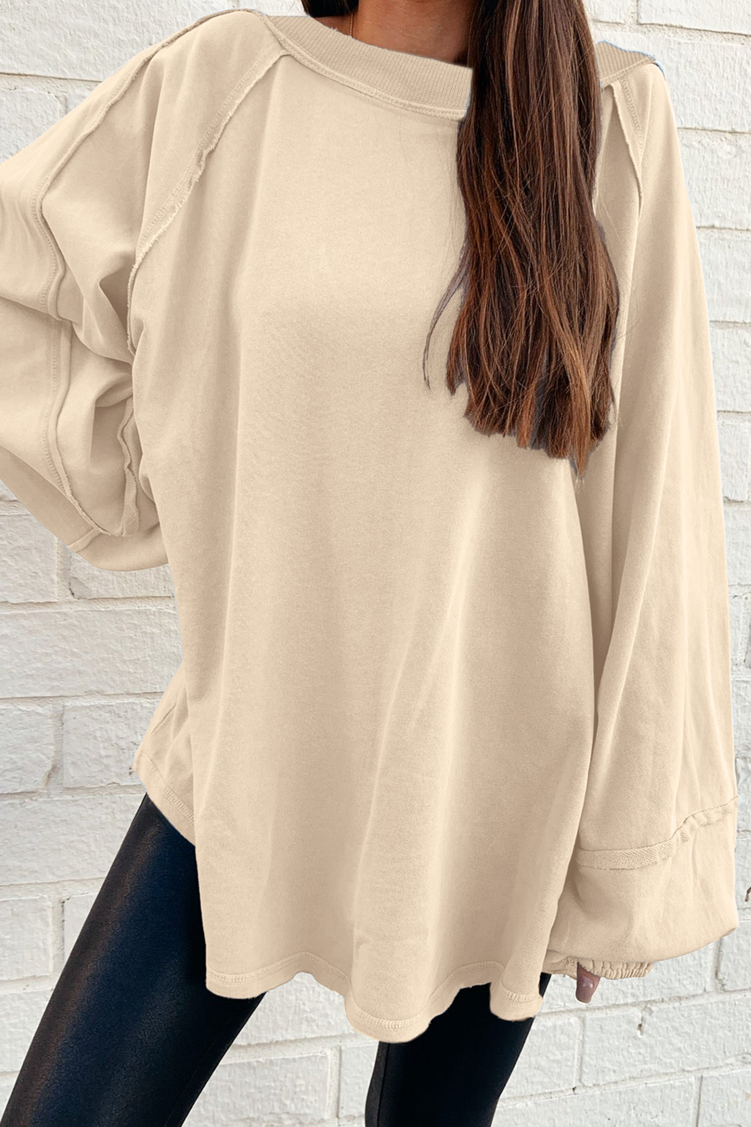 Beige Solid Color Raw Seam Patchwork Baggy Sweatshirt