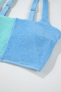 Sky Blue Corded Colorblock Square Neck Bikini Swimsuit