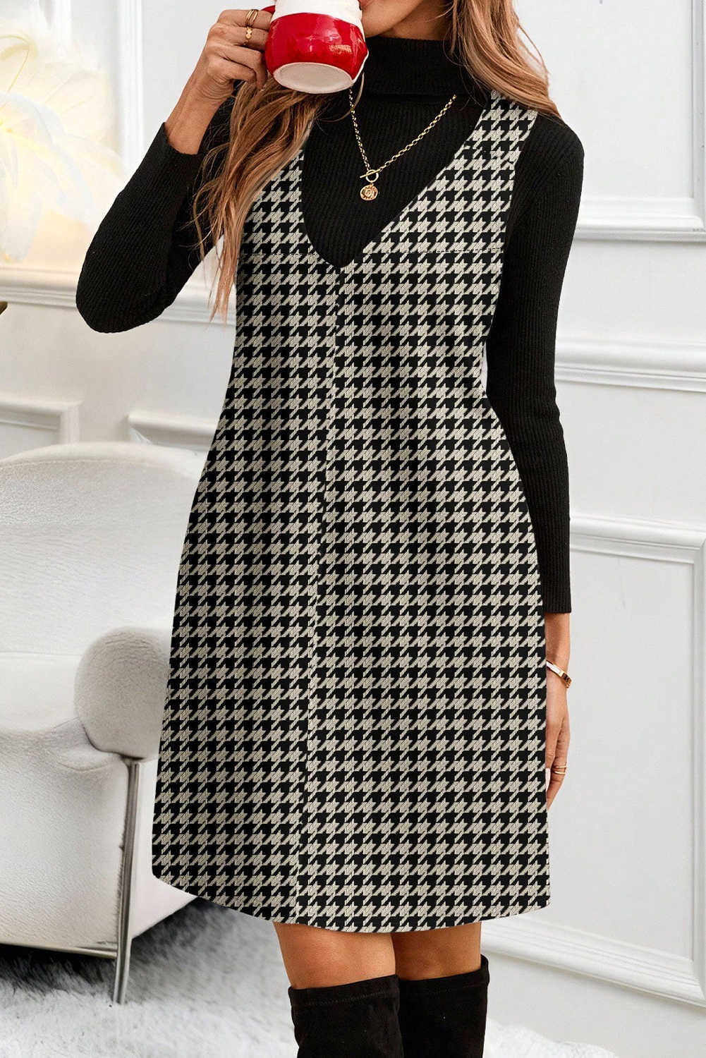 Khaki Houndstooth Print V Neck Sleeveless Mini Dress