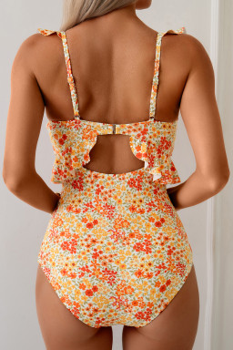 Orange Ruffled Trim Keyhole Accent Floral One Piece Swimsuit