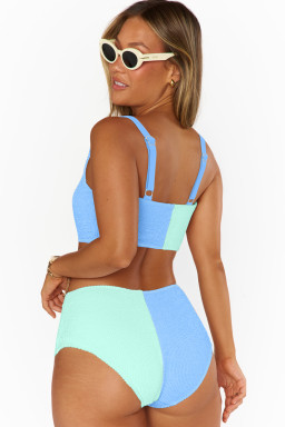 Sky Blue Corded Colorblock Square Neck Bikini Swimsuit
