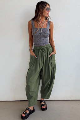 Jungle Green Drawstring Elastic Waist Patch Pocket Barrel Leg Casual Pants
