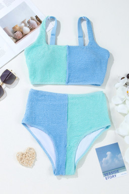 Sky Blue Corded Colorblock Square Neck Bikini Swimsuit