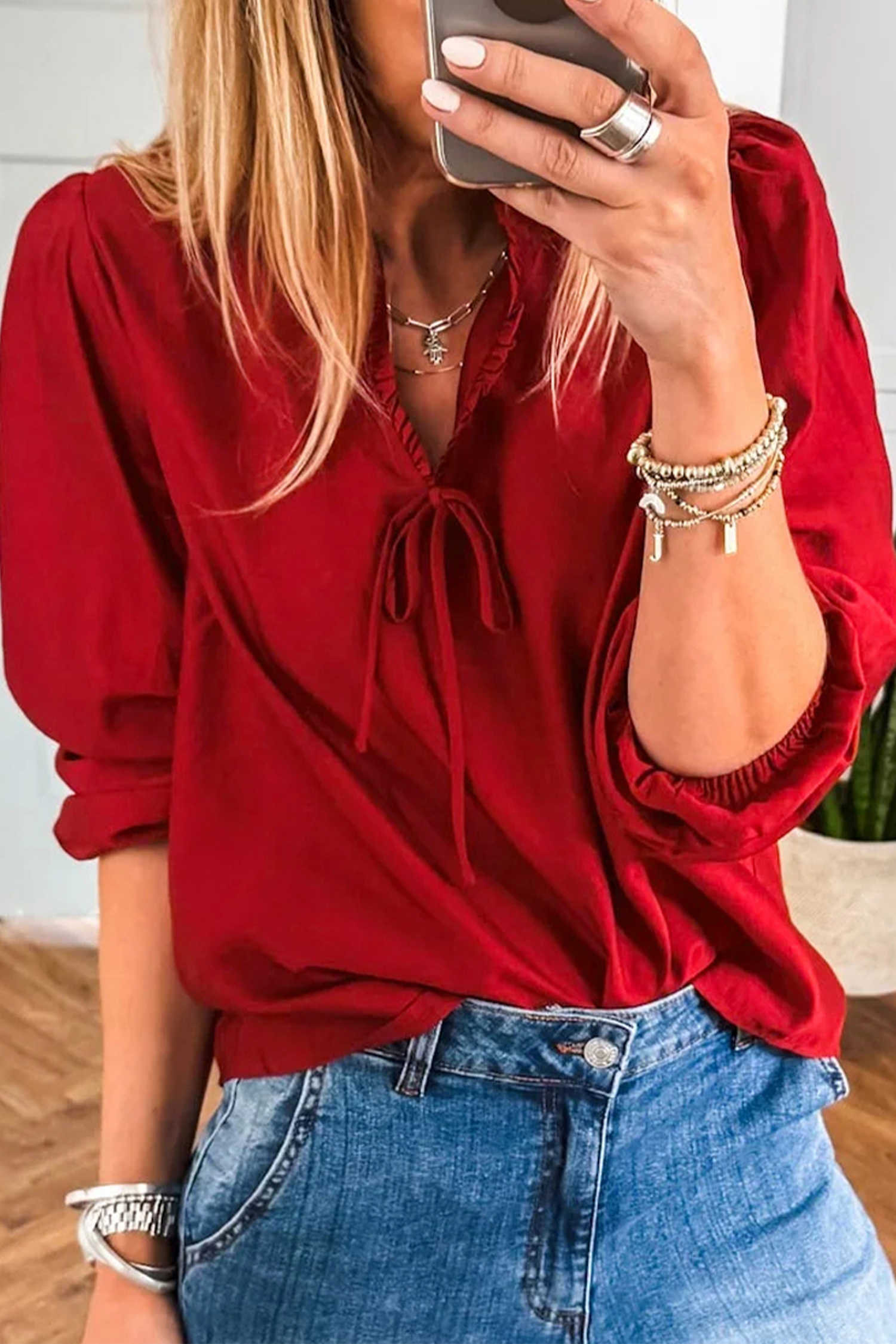 Fiery Red Solid Color Frilled V Neck Bow Detail 3/4 Sleeve Blouse