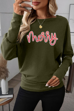 Four Leaf Clover Merry Sequin Letter Patched Long Dolman Sleeve Top