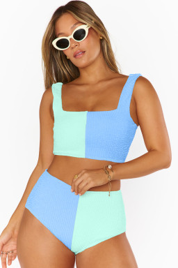 Sky Blue Corded Colorblock Square Neck Bikini Swimsuit